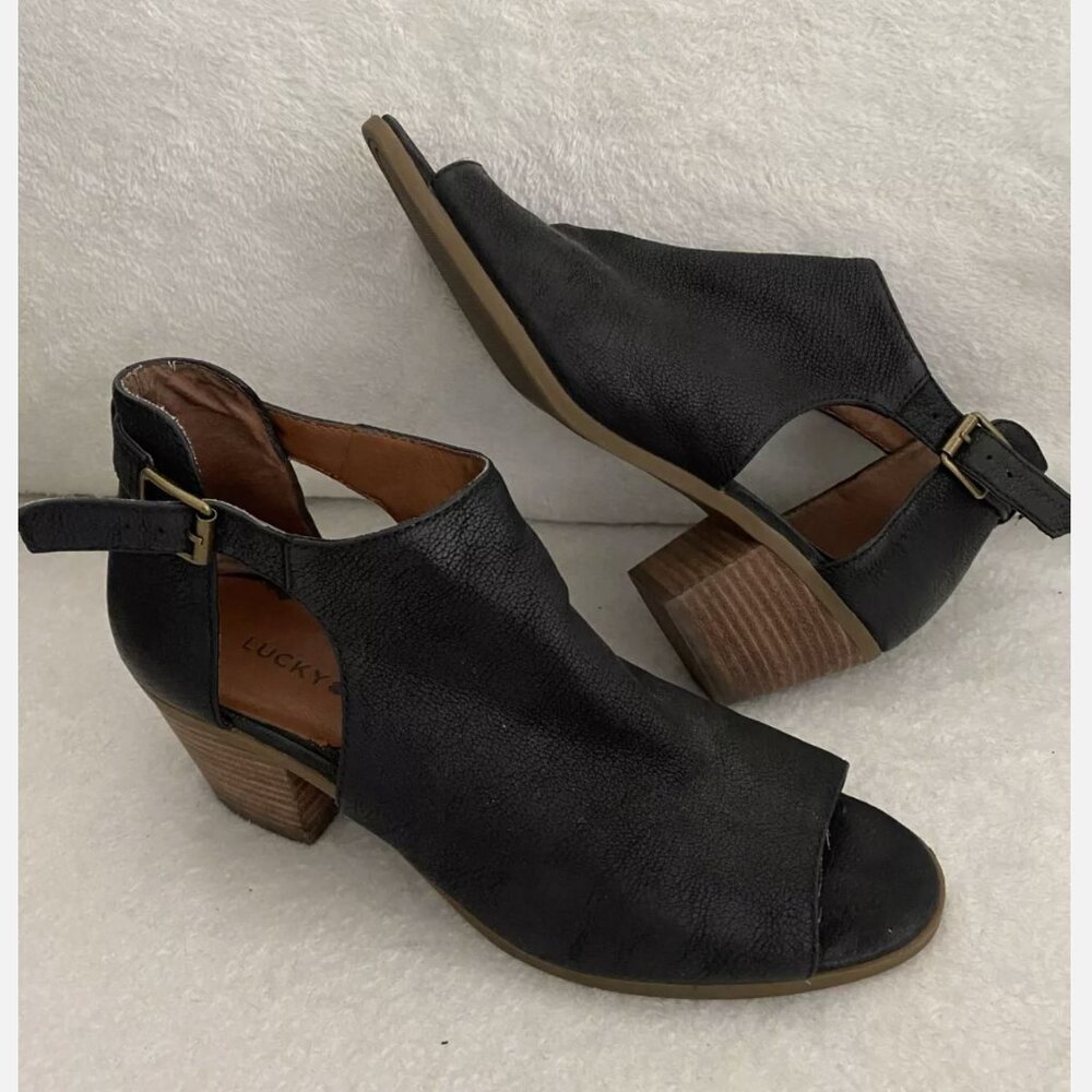 Lucky Brand Barimo Open Toe Black Leather Booties Size 7.5